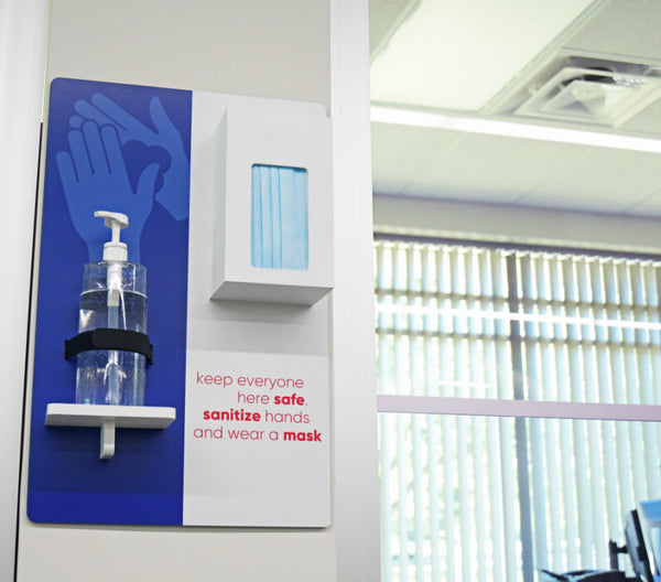 Branded Custom Graphic Wall Mount PPE Station with sanitizer & mask holder.